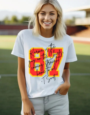 87 KARMA IS THE GUY ON THE CHIEFS WOMEN'S TEE | WHITE