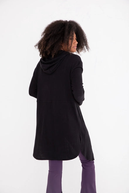 CALLIE OPEN FRONT HOODED CARDIGAN WITH POCKETS | BLACK