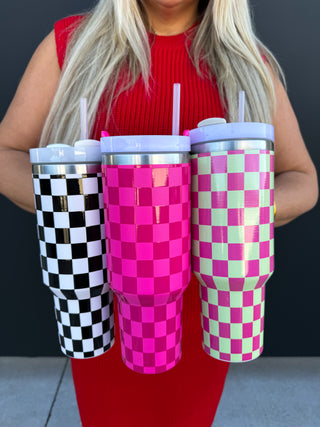 CAMI STAINLESS STEEL 40 OZ TUMBLER | GREEN/PINK CHECKER