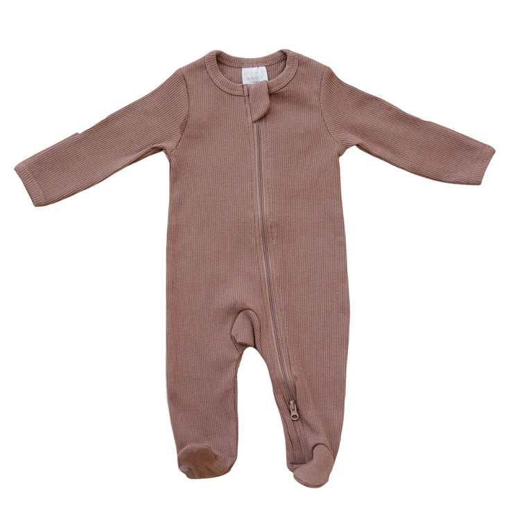 MEBIE BABY ORGANIC COTTON RIBBED FOOTED ZIPPER ONE-PIECE | PLUM