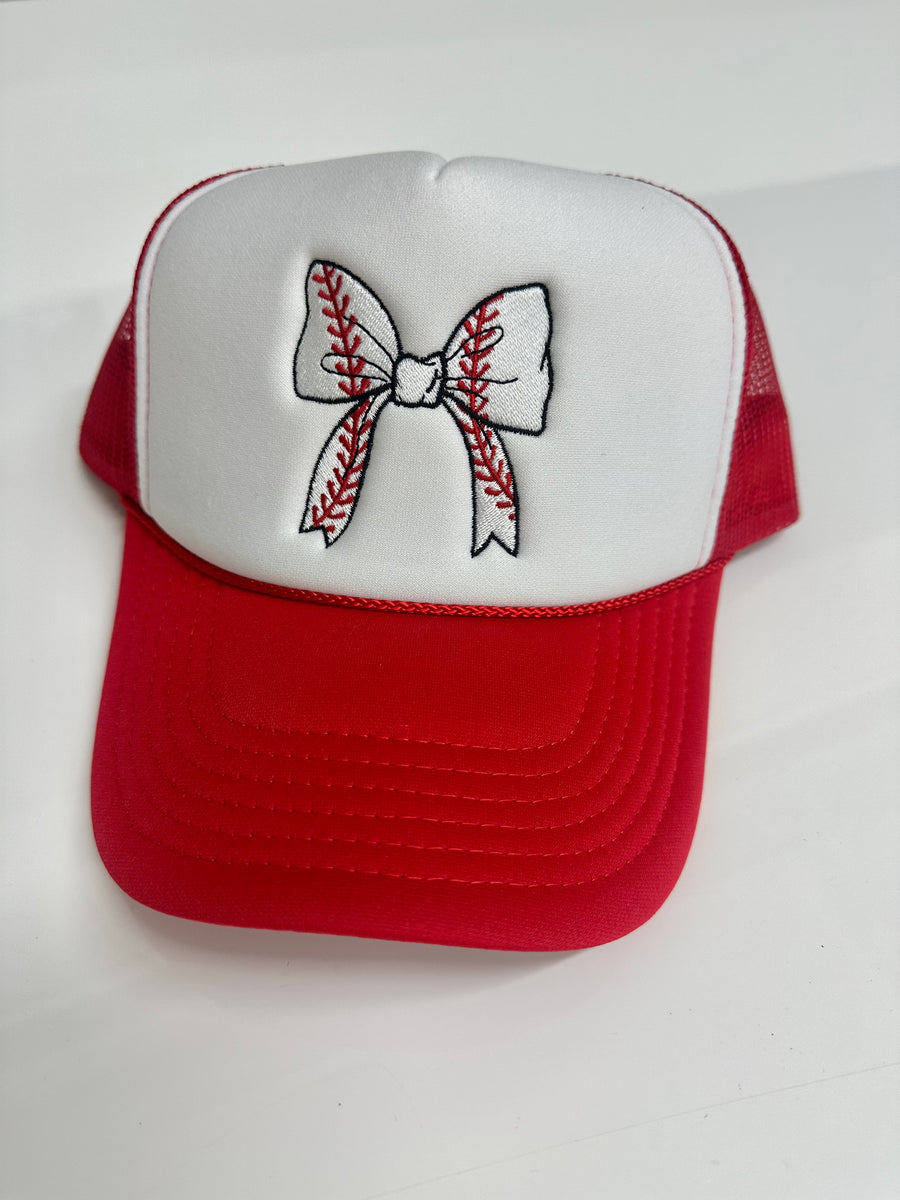 BASEBALL BOW EMBROIDERED TRUCKER HAT |  RED + WHITE