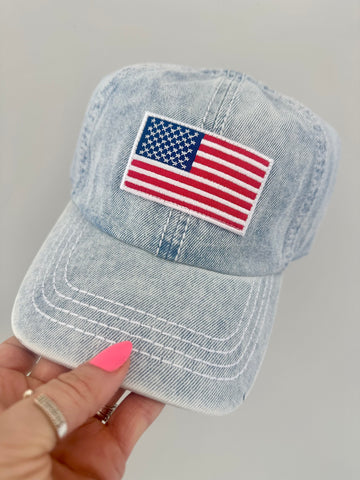 AMERICAN FLAG PATCH LIGHT DENIM WOMEN'S HAT