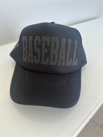 BASEBALL PUFF PRINT TRUCKER HAT | BLACK ON BLACK