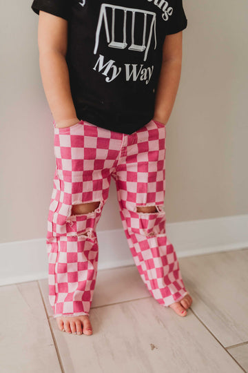 Checkered Flare Pants  Pink – LUCKY PANDA KIDS