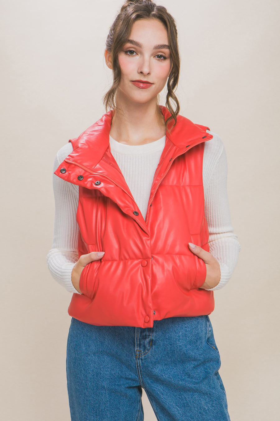 HALLE FAUX LEATHER PADDED VEST | RED