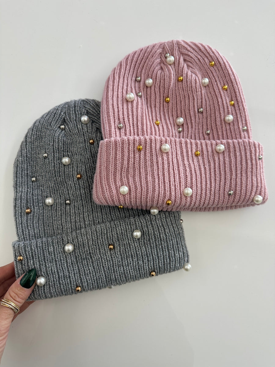 SOLID COLORED KIDS BEANIES WITH PEARL DETAIL | BLUSH OR GRAY