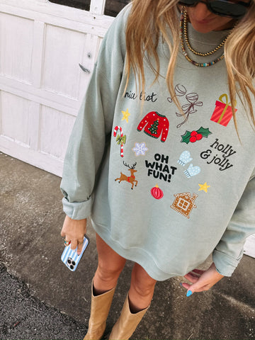 (PRE-ORDER) E+E OH WHAT FUN WOMEN'S CHRISTMAS SWEATSHIRT | SAGE