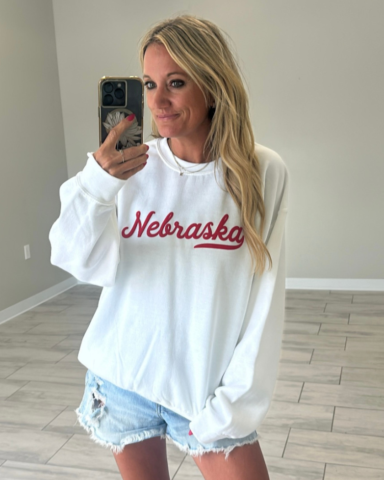 NEBRASKA WOMEN'S PUFF PRINT SWEATSHIRTS | WHITE WITH RED