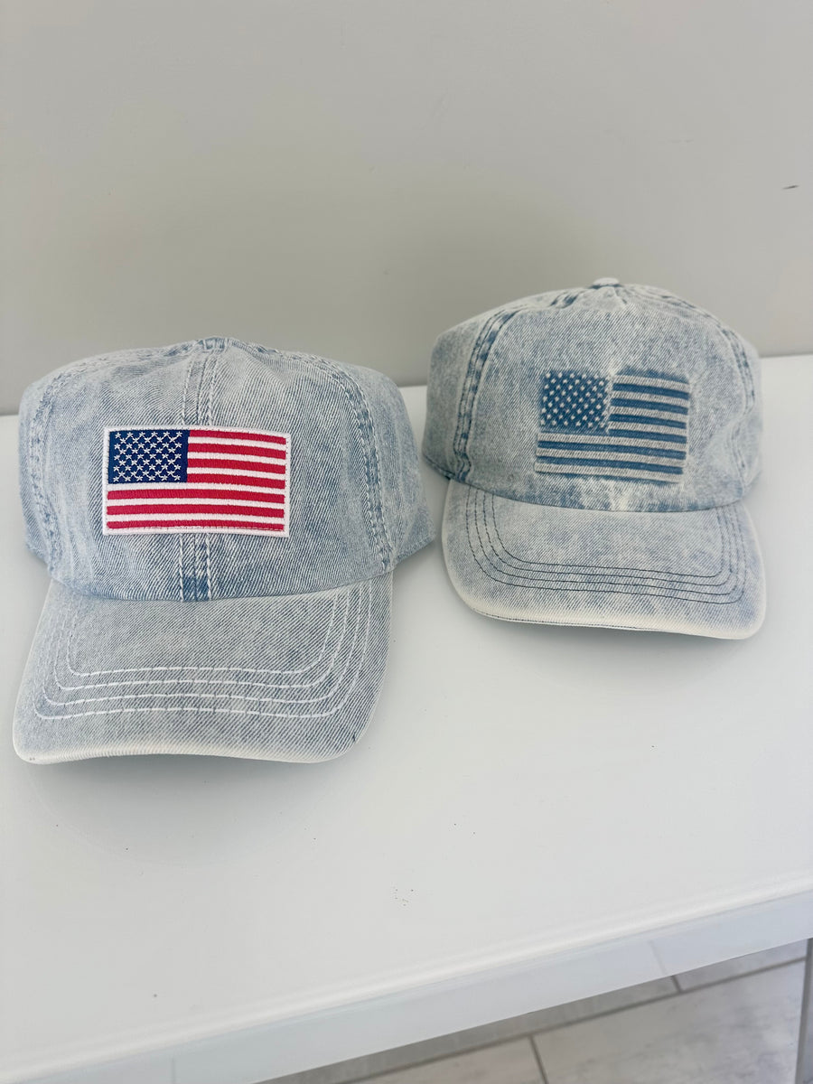 AMERICAN FLAG EMBOSSED LIGHT DENIM WOMEN'S HAT