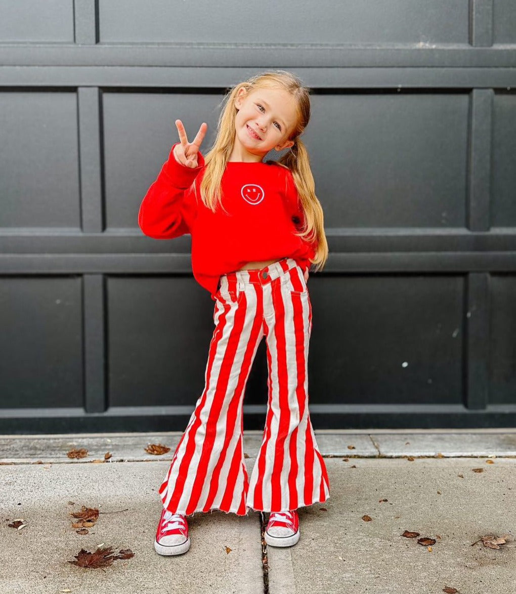 ALEXA STRIPED BELL BOTTOM DENIM JEANS RED WHITE STRIPES