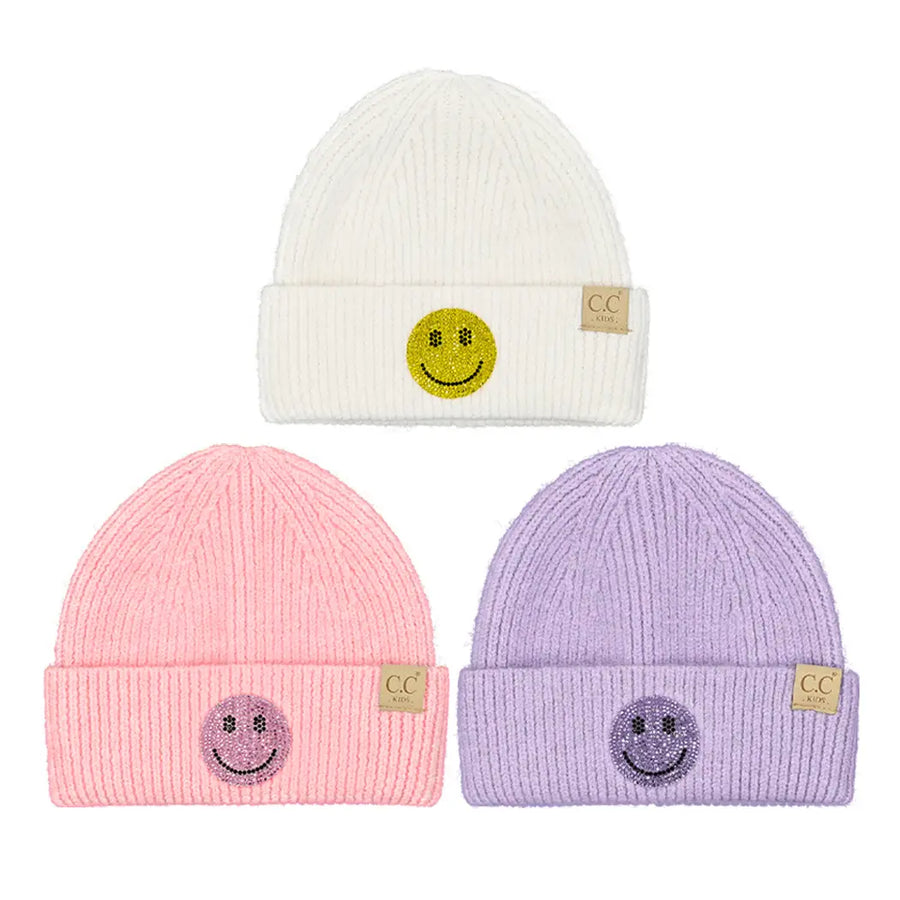 KIDS HAPPY FACE RHINESTONE PATCH CUFF BEANIE | PINK