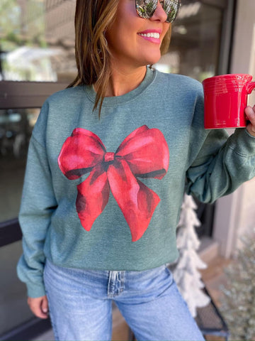 O+O ALL BOWS WOMEN'S CHRISTMAS SWEATSHIRT | HEATHER GREEN