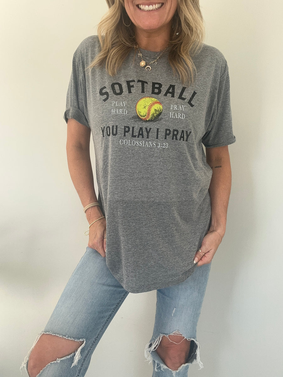 PLAY HARD, PRAY HARD SOFTBALL TEE | GRAY