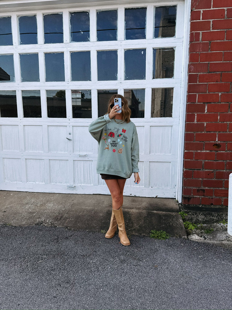 (PRE-ORDER) E+E OH WHAT FUN WOMEN'S CHRISTMAS SWEATSHIRT | SAGE