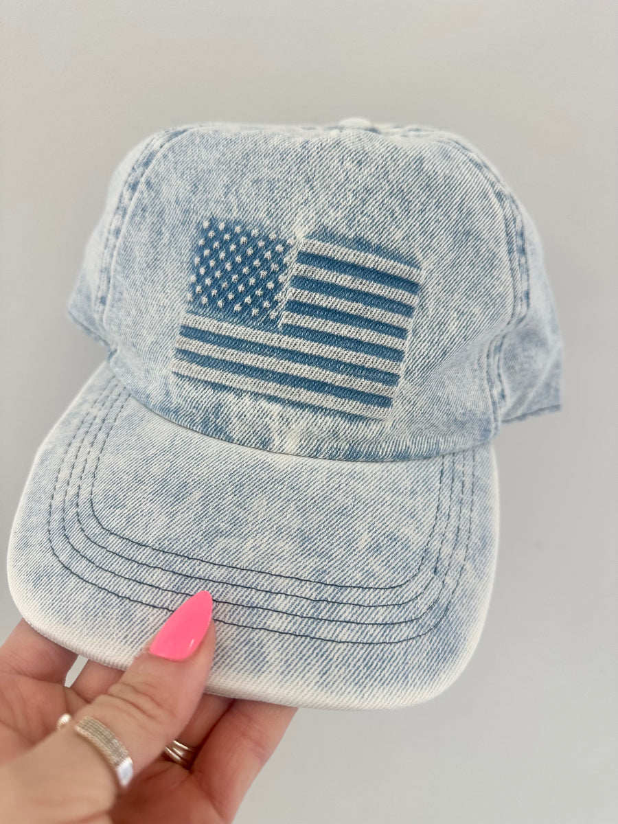 AMERICAN FLAG EMBOSSED LIGHT DENIM WOMEN'S HAT