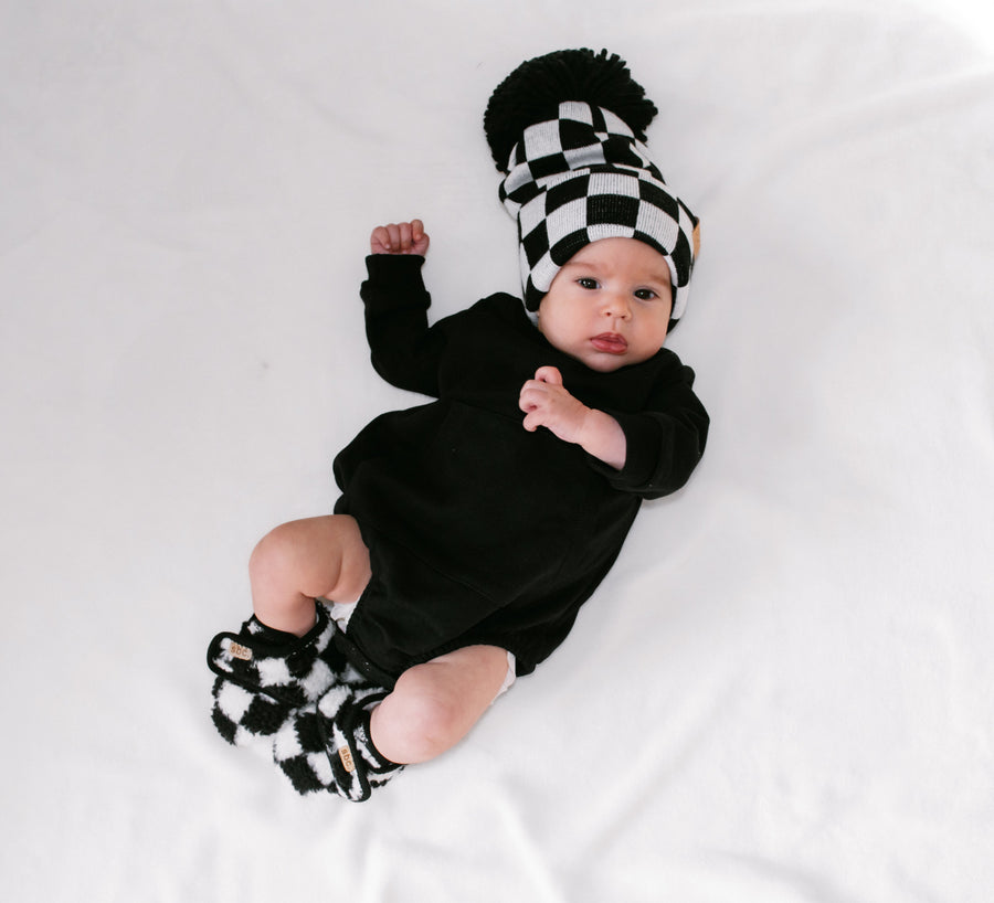 SHORE BABY The Newborn Sherpa Bootie — Black + White Checkered (COLLECTIVE)