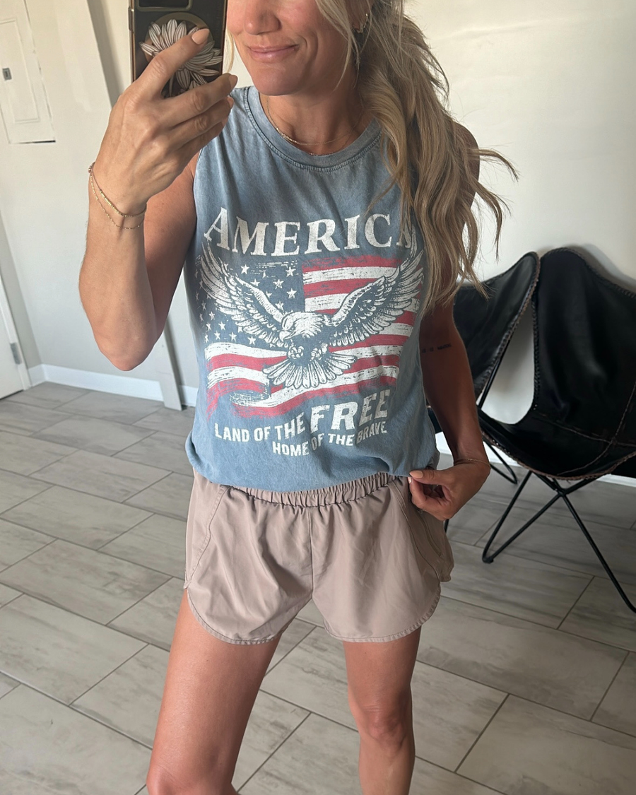 AMERICA LAND OF THE FREE GRAPHIC TANK | VINTAGE BLUE