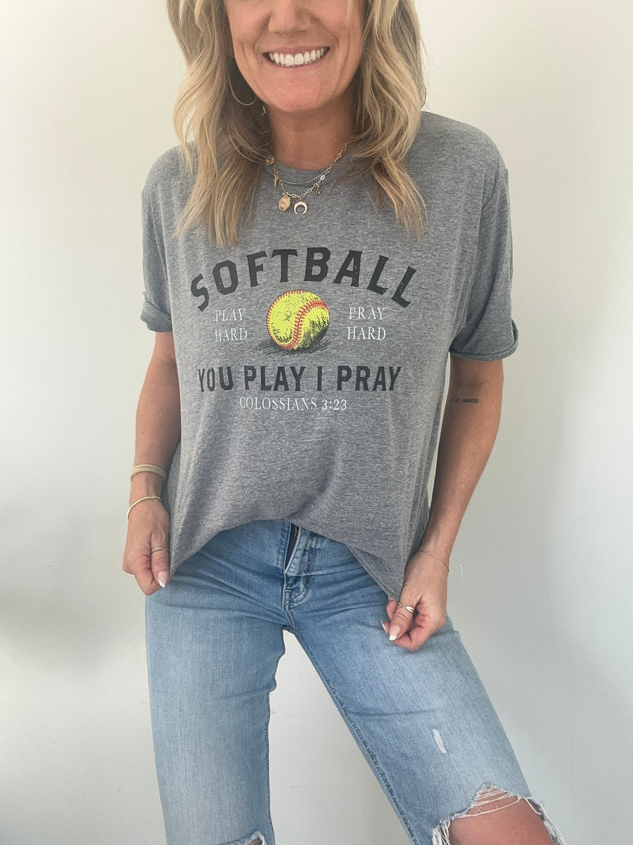 PLAY HARD, PRAY HARD SOFTBALL TEE | GRAY