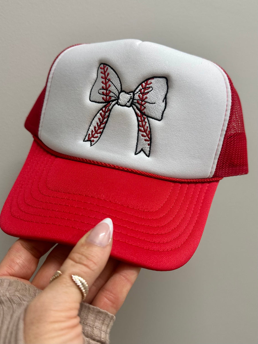 BASEBALL BOW EMBROIDERED TRUCKER HAT |  RED + WHITE