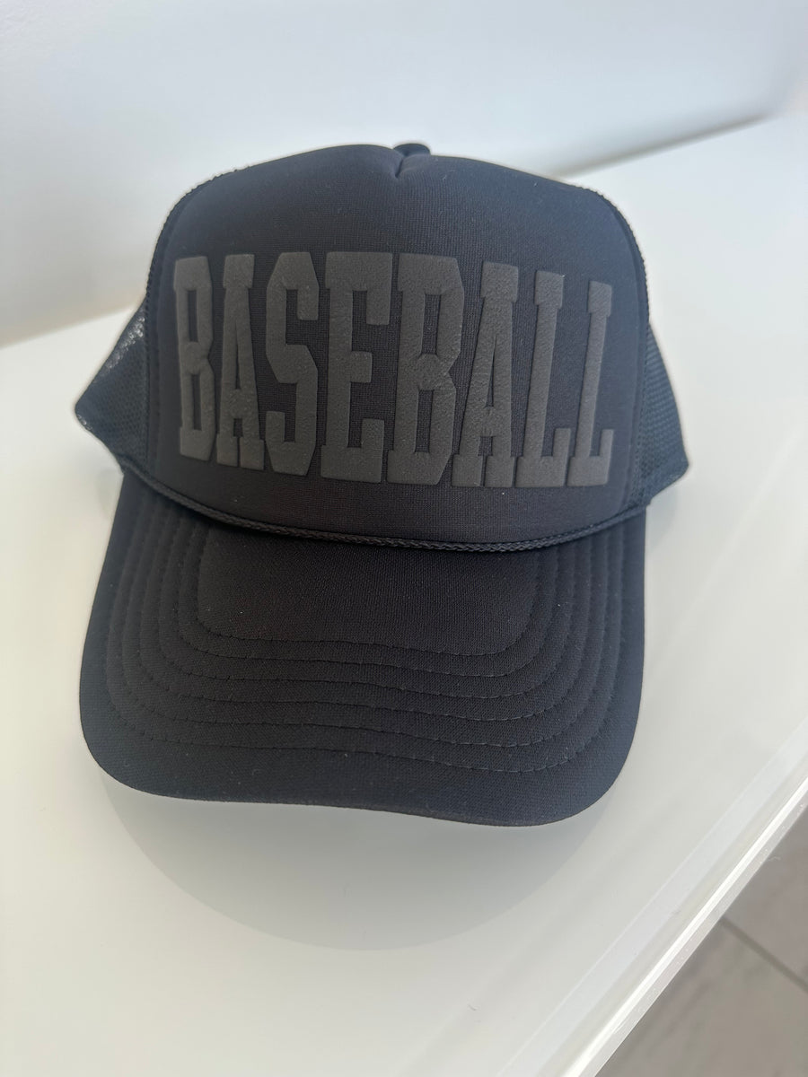 BASEBALL PUFF PRINT TRUCKER HAT | BLACK ON BLACK