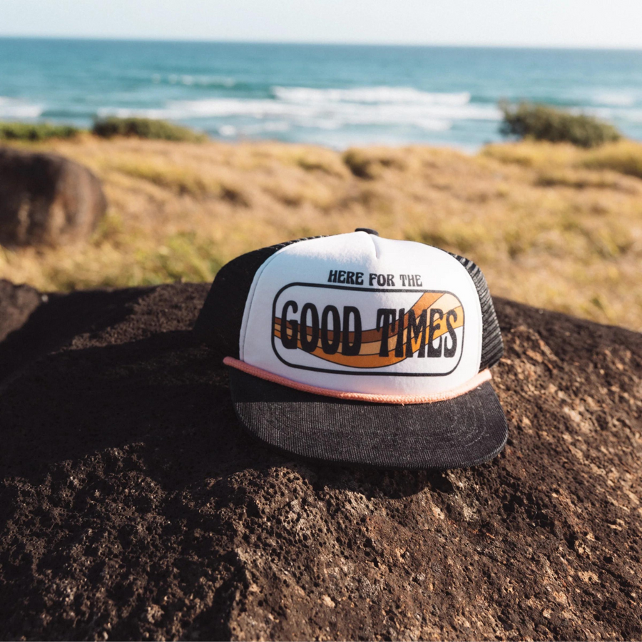 TINY WHALES HERE FOR THE GOOD TIMES TRUCKER HAT | FADED BLACK + NATURAL