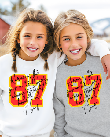 87 KARMA IS THE GUY ON THE CHIEFS YOUTH SWEATSHIRT | SPORT GRAY OR WHITE