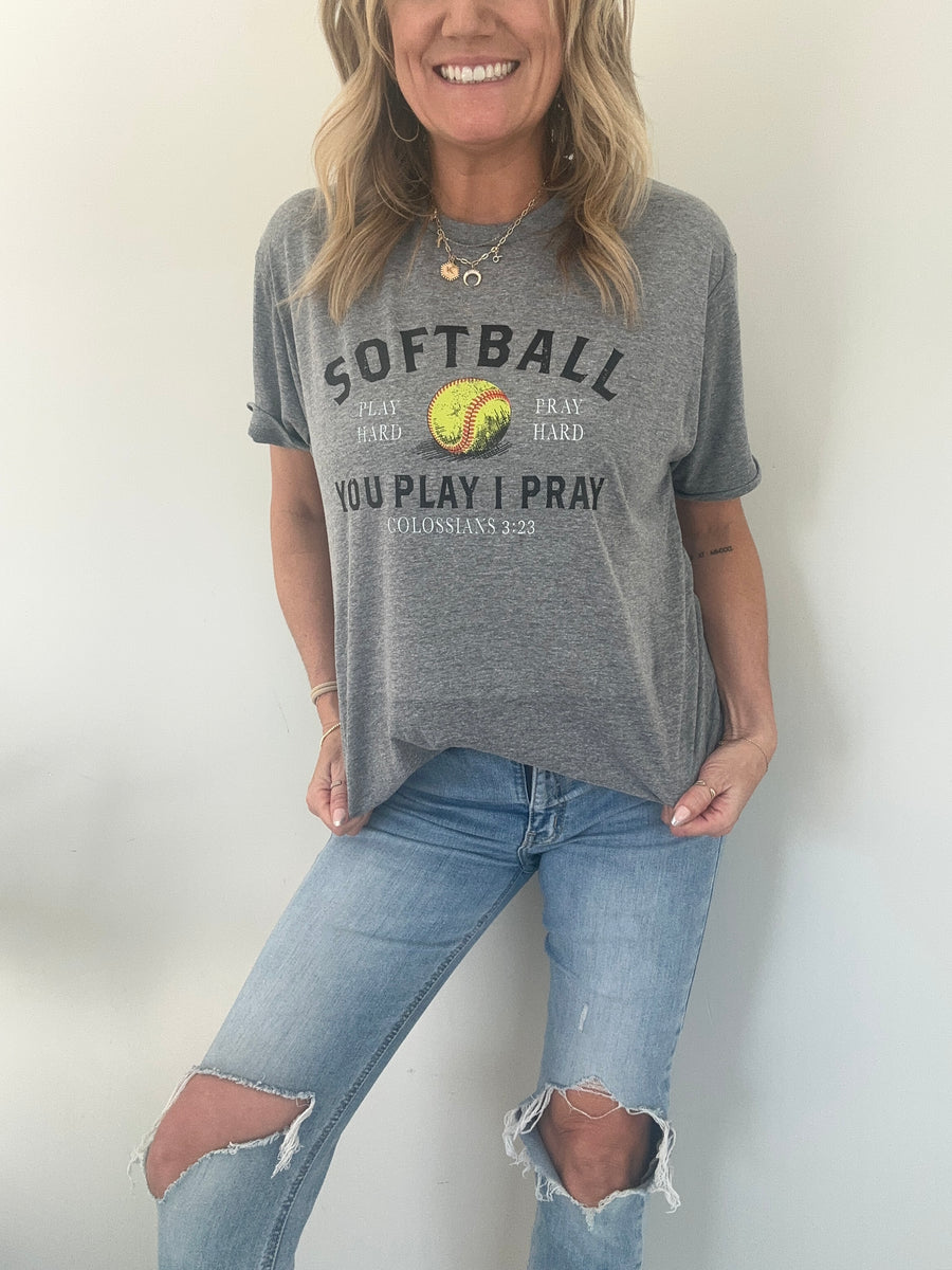 PLAY HARD, PRAY HARD SOFTBALL TEE | GRAY