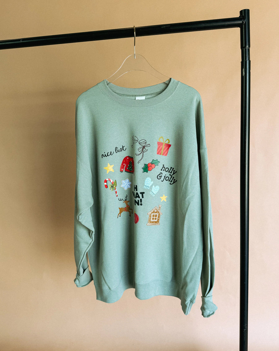 (PRE-ORDER) E+E OH WHAT FUN WOMEN'S CHRISTMAS SWEATSHIRT | SAGE