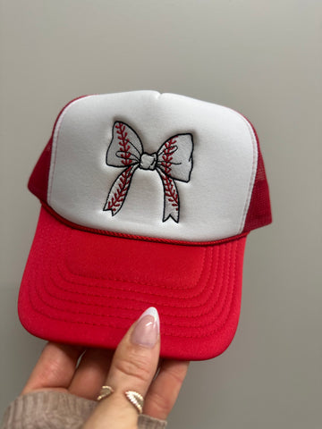 BASEBALL BOW EMBROIDERED TRUCKER HAT |  RED + WHITE