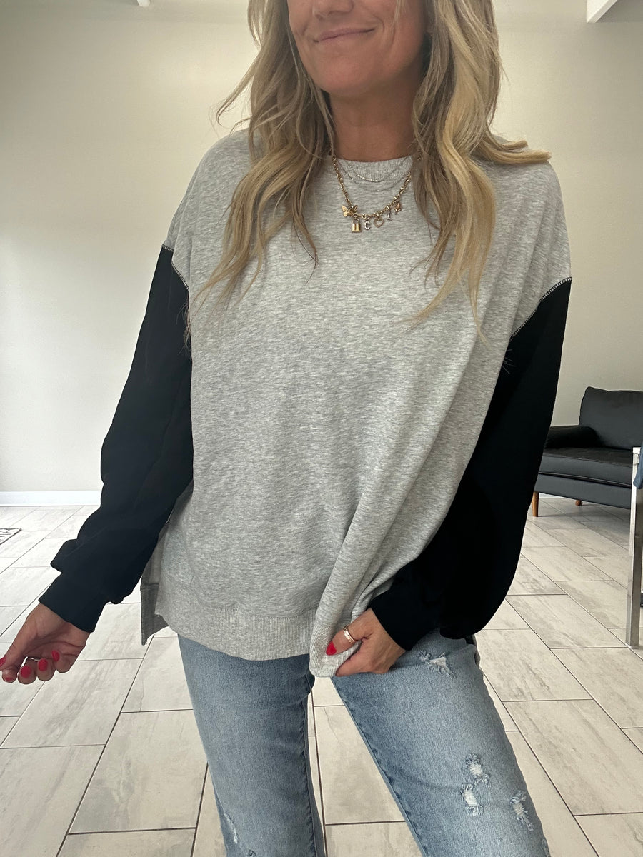 CARRIE PATCHWORK DROP SHOULDER PULLOVER SWEATERSHIRT | GRAY