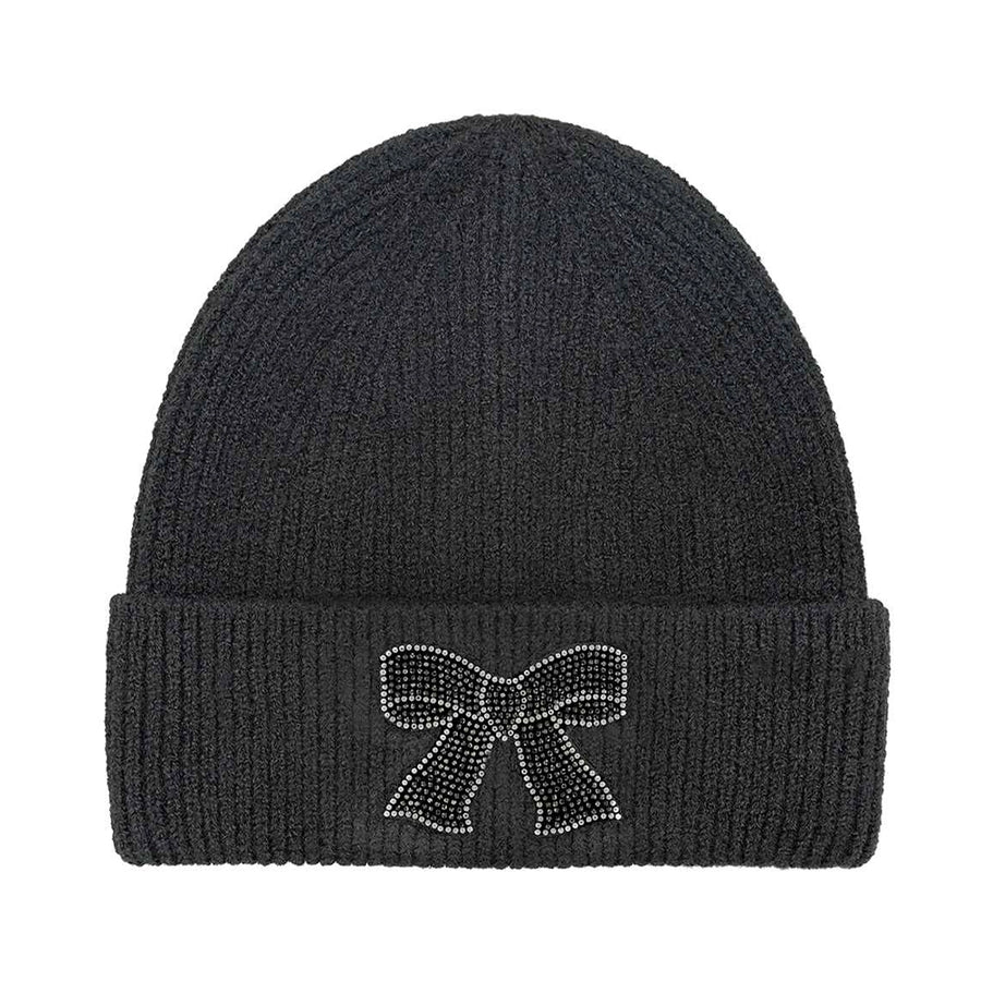 RHINESTONE BOW EMBELLISHMENT BEANIE | BLACK