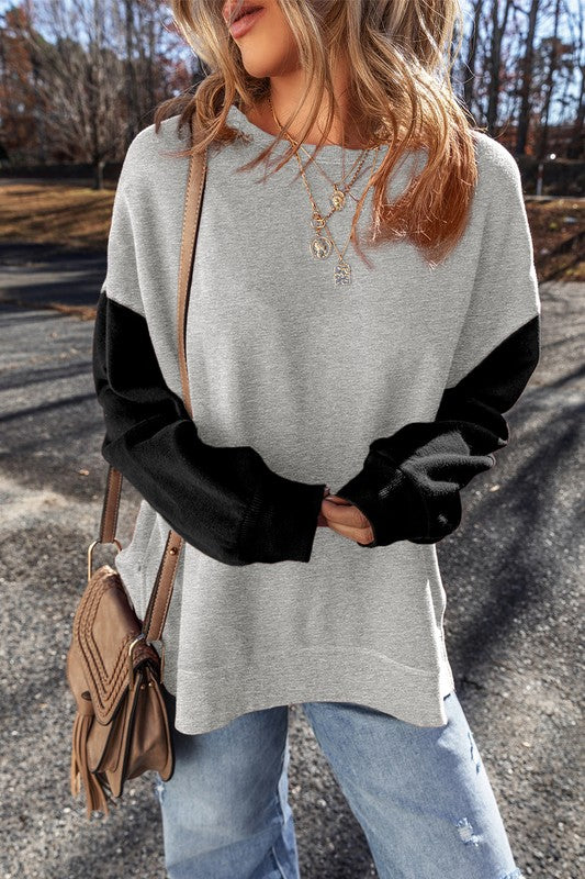 CARRIE PATCHWORK DROP SHOULDER PULLOVER SWEATERSHIRT | GRAY