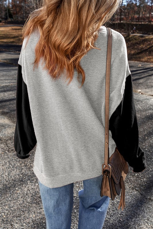 CARRIE PATCHWORK DROP SHOULDER PULLOVER SWEATERSHIRT | GRAY