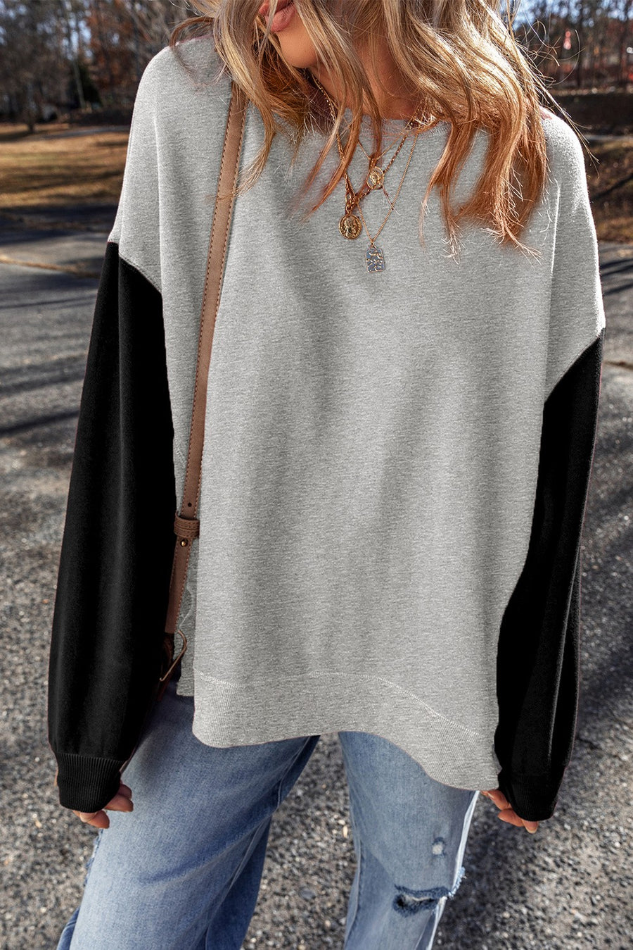 CARRIE PATCHWORK DROP SHOULDER PULLOVER SWEATERSHIRT | GRAY