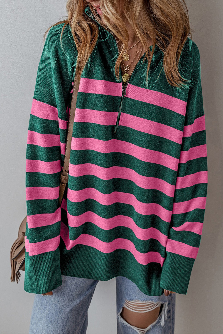 CASSANDRA Collared Quarter Zip Oversized Sweater | Green