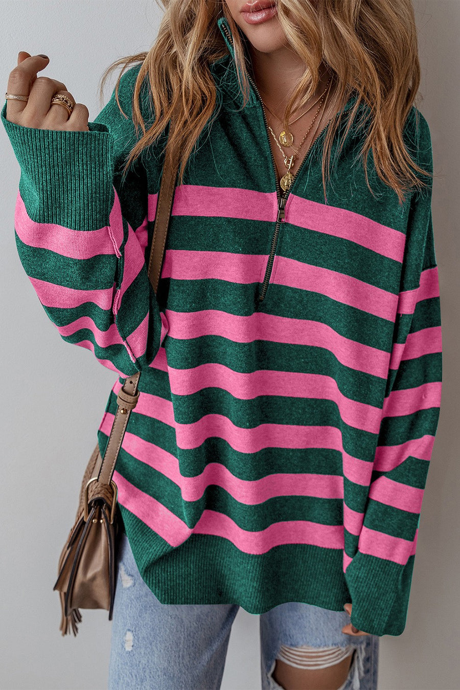 CASSANDRA Collared Quarter Zip Oversized Sweater | Green