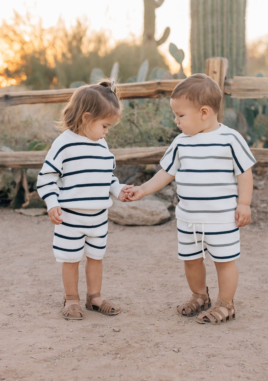 MEBIE BABY NAVY STRIPE KNIT SHORTS (COLLECTIVE)