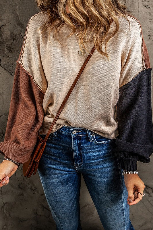 CHARLOTTE CONTRAST PANEL PATCHWORK COLOR BLOCK SWEATER | COFFEE