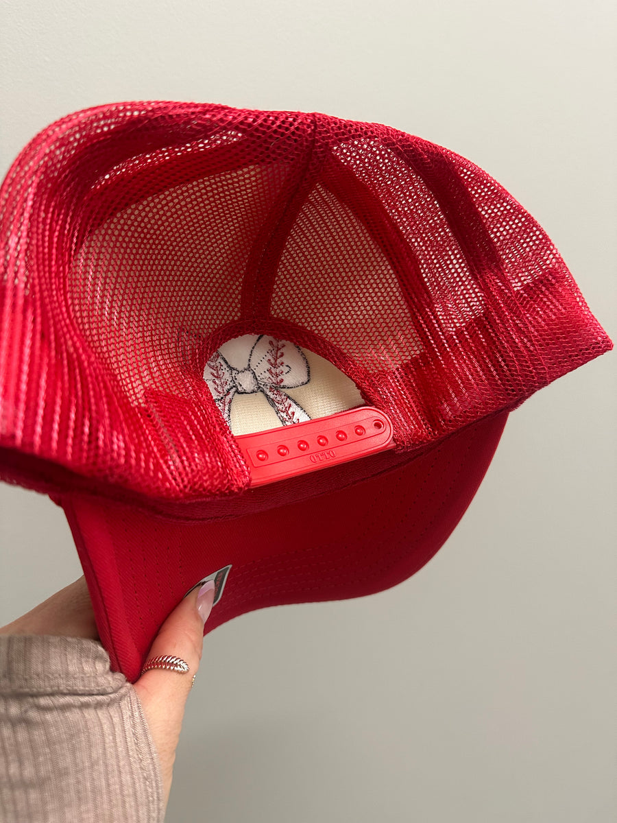 BASEBALL BOW EMBROIDERED TRUCKER HAT |  RED + WHITE