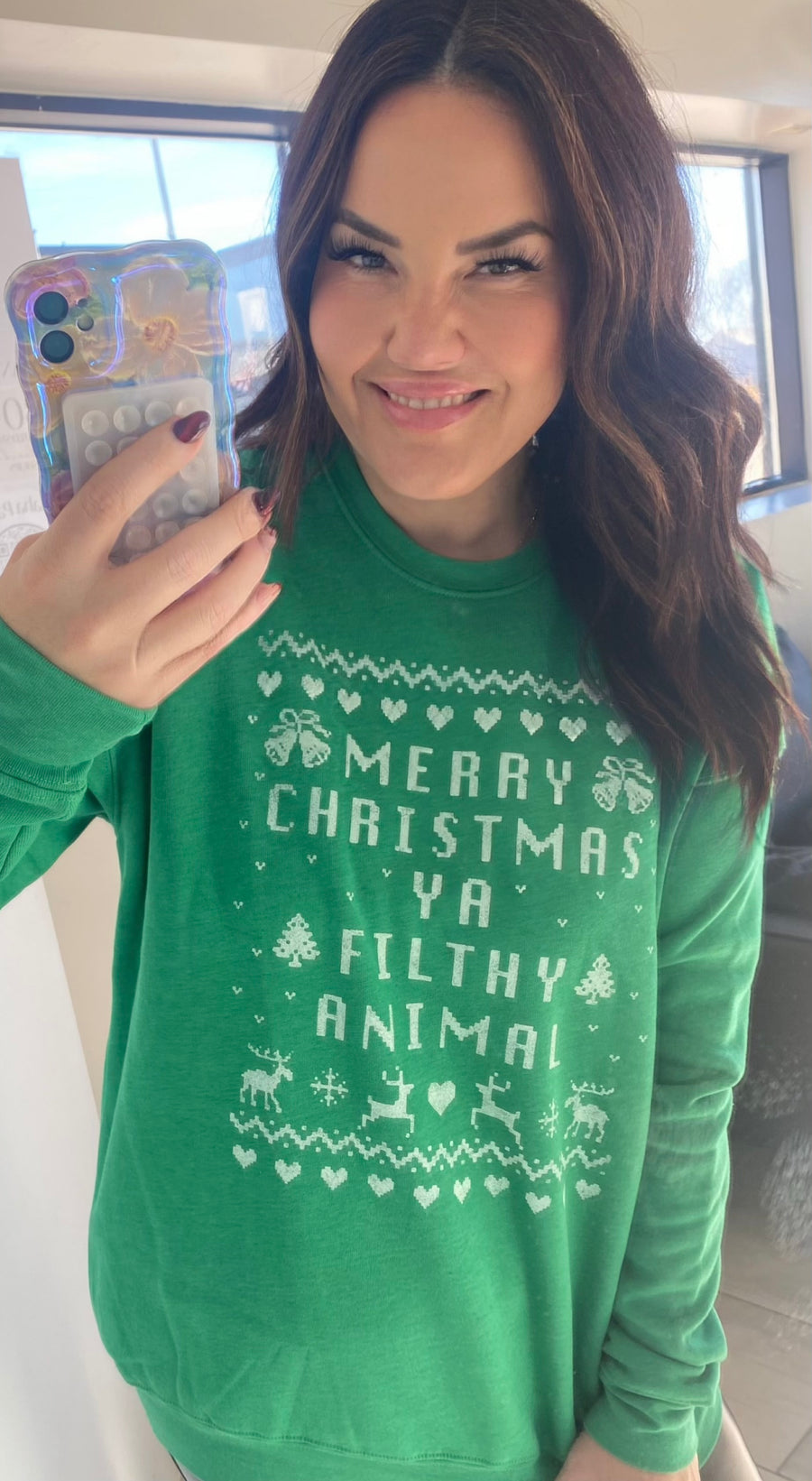 THE OC MERRY CHRISTMAS YA FILTHY ANIMAL UGLY SWEATER SWEATSHIRT | EMERALD