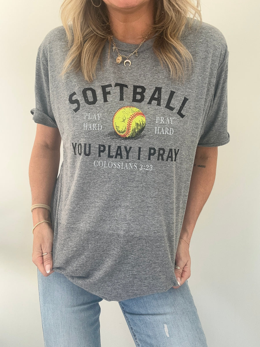 PLAY HARD, PRAY HARD SOFTBALL TEE | GRAY