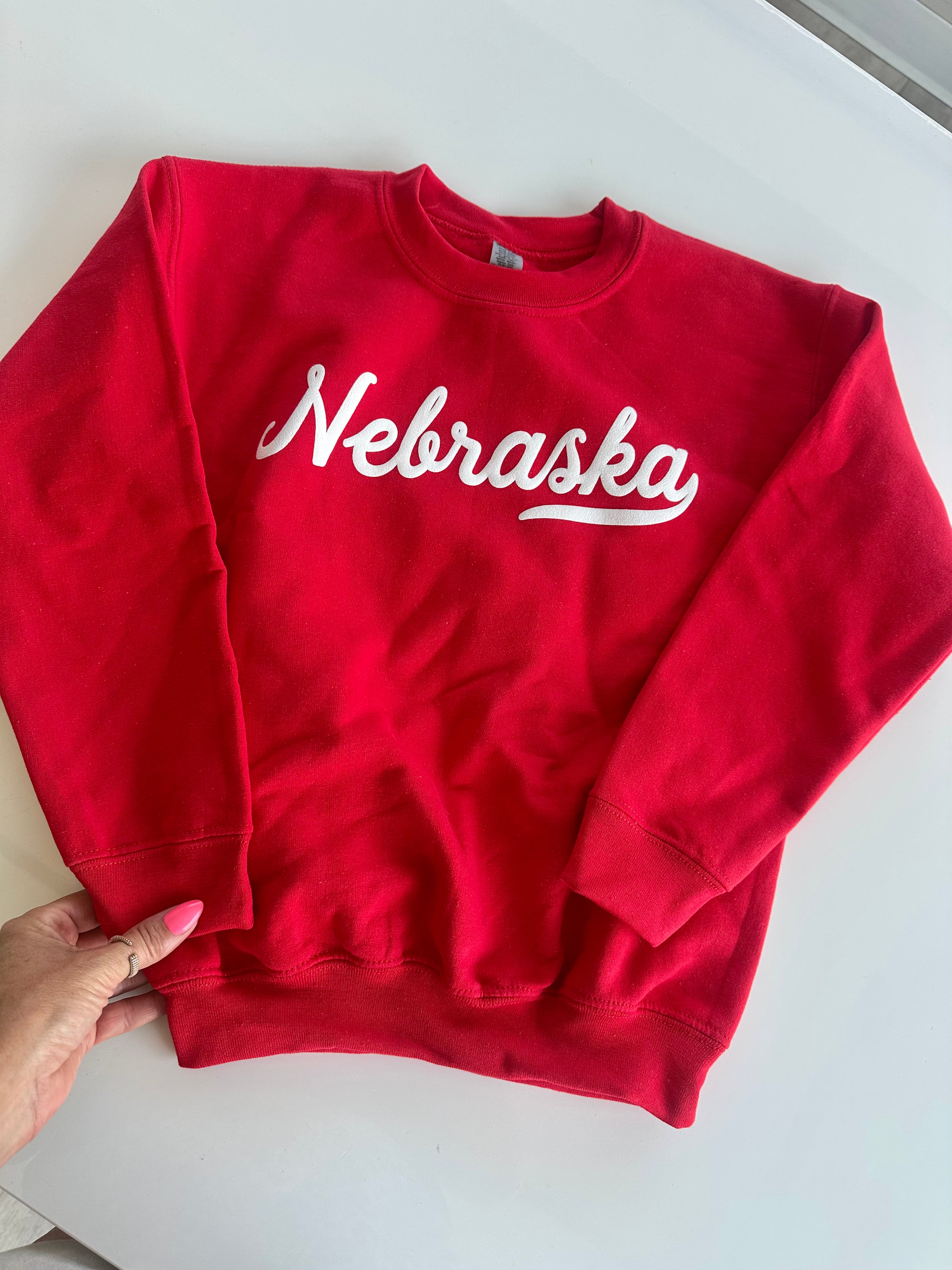 NEBRASKA SCRIPT PUFF PRINT YOUTH SWEATSHIRT RED – Little Mango