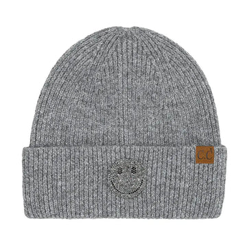 HAPPY FACE RHINESTONE PATCH CUFF BEANIE | GRAY