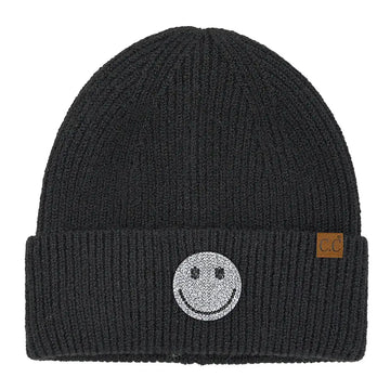 HAPPY FACE RHINESTONE PATCH CUFF BEANIE | BLACK