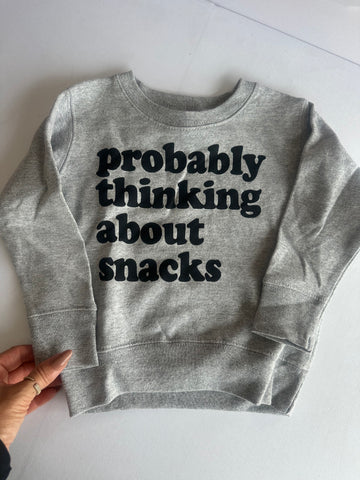 HAPPY KIDS PROBABLY THINKING ABOUT SNACKS CREWNECK SWEATSHIRT | KIDS | GREY