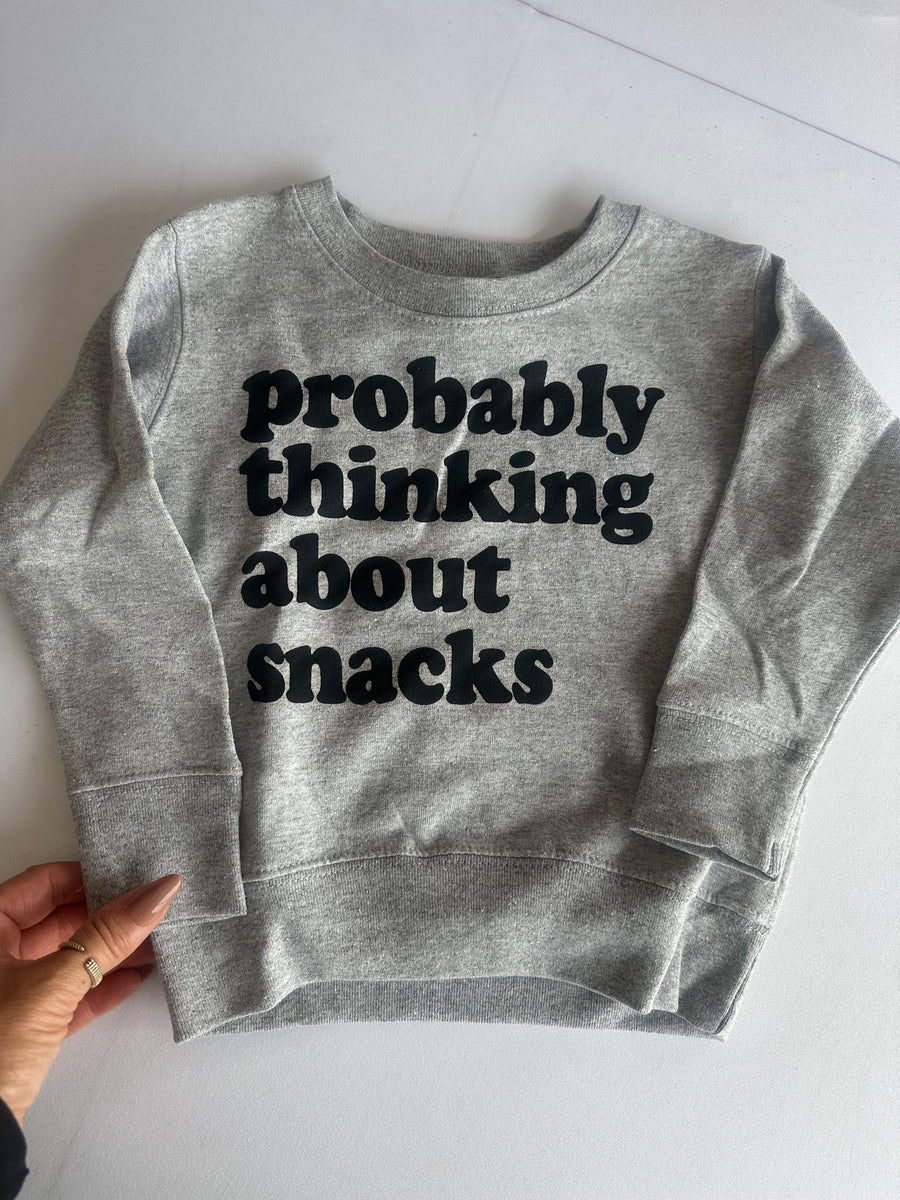 HAPPY KIDS PROBABLY THINKING ABOUT SNACKS CREWNECK SWEATSHIRT | KIDS | GREY