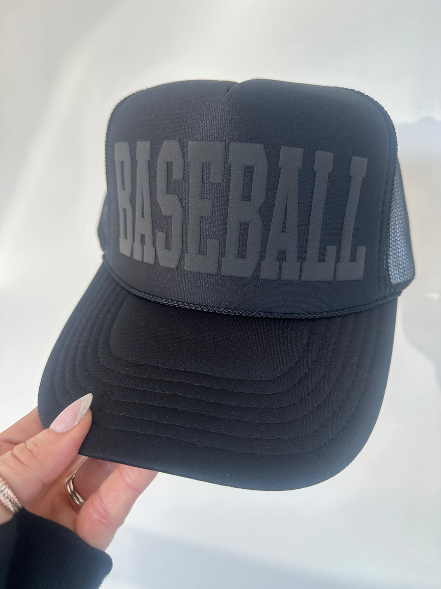 BASEBALL PUFF PRINT TRUCKER HAT | BLACK ON BLACK