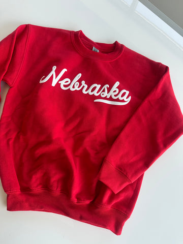 NEBRASKA SCRIPT PUFF PRINT ADULT SWEATSHIRT | RED W/ WHITE PUFF