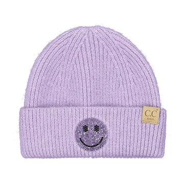 HAPPY FACE RHINESTONE PATCH CUFF KID'S BEANIE | LAVENDER