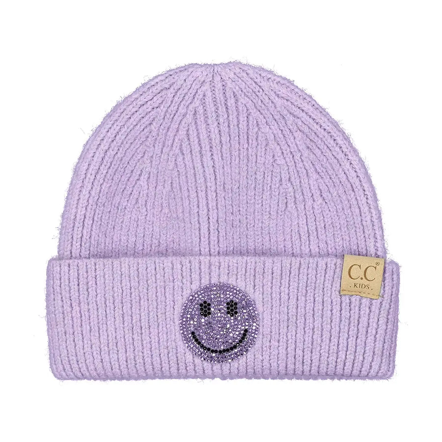 KIDS HAPPY FACE RHINESTONE PATCH CUFF BEANIE | LAVENDER